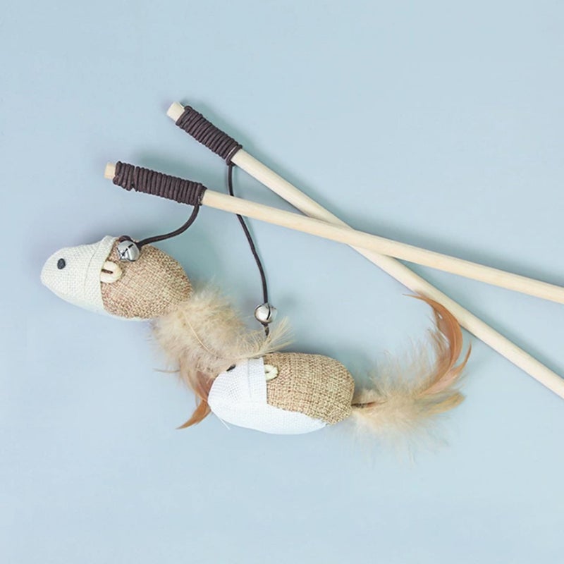 Carykon Set of 3 Natural Sisal Wand Teasers Exerciser for Cat Kitten with Mouse/Pumpkin/Fish Toy, Bell Feather Elastic String Sturdy Wood Rod-Toy for Cat - Image 2